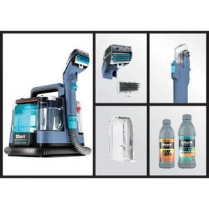 Shark Portable StainStriker spot cleaner in Nordic Blue showing main unit with turquoise accents, detachable cleaning heads, water tank, brush attachment, and two bottles of cleaning solution
