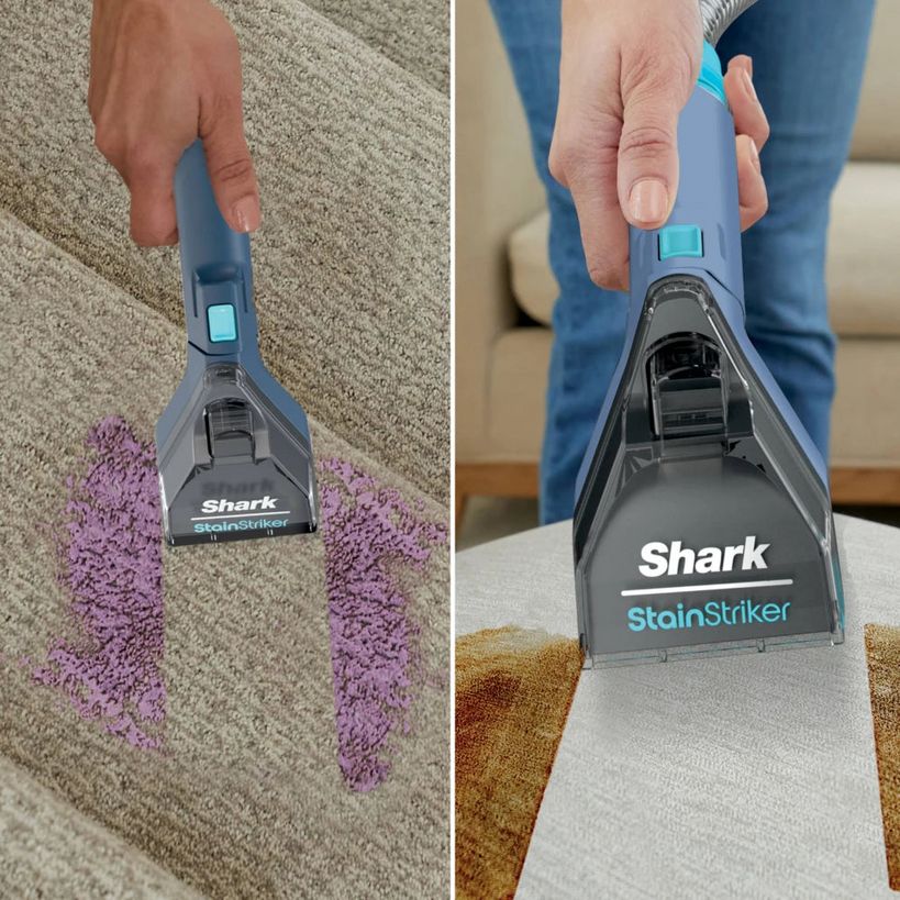 Shark StainStriker portable carpet cleaner in Nordic blue being used to remove purple and brown stains from beige and tan carpeting, shown in before and after comparison with cleaning results visible on white extraction pad