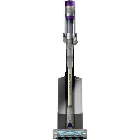 Shark PowerDetect Clean & Empty cordless upright vacuum cleaner with purple and black design, featuring dust cup and motorized brush roll head on white background
