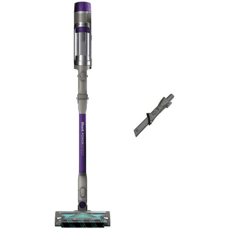 Shark PowerDetect cordless stick vacuum cleaner with purple and grey design, featuring motorized brush head attachment and detachable handheld unit displayed against white background