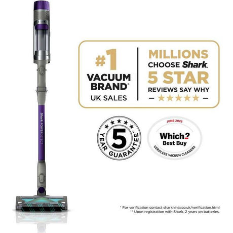 Shark PowerDetect cordless stick vacuum cleaner in purple and grey with digital display, featuring 5-star reviews badge, number 1 UK vacuum brand claim, 5-year guarantee seal, and Which Best Buy award for June 2025