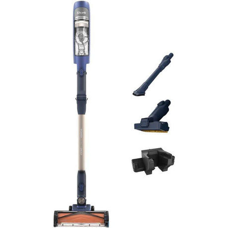 Shark PowerDetect Speed Pet cordless stick vacuum cleaner in ultramarine blue and champagne gold with motorised brush head, crevice tool, and upholstery attachment shown against white background