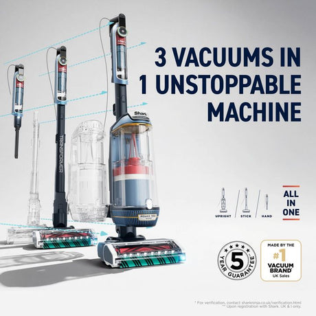 Shark PowerDetect Transformer bagless upright vacuum cleaner in chimera blue displaying three vacuum configurations including handheld and stick modes with rotating brush head, featuring 5-year guarantee and all-in-one functionality