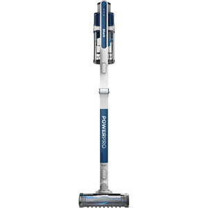Shark PowerPro cordless stick vacuum cleaner in navy blue and silver with extended pole, featuring anti hair wrap technology and floor detect, shown in full upright position against white background