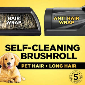 Self-cleaning brushroll comparison showing traditional hair wrap versus anti hair wrap technology on yellow background with golden retriever dog and 5-year guarantee badge for pet and long hair vacuum cleaning