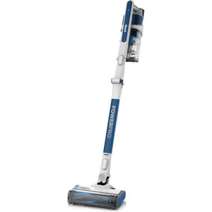 Shark PowerPro cordless stick vacuum cleaner in white and blue with detachable handheld unit, extended pole, and motorised floor brush head shown against white background