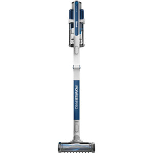 Shark PowerPro cordless stick vacuum cleaner with navy blue and white color scheme, featuring extended pole, handheld head unit, and motorized floor brush attachment displayed against white background