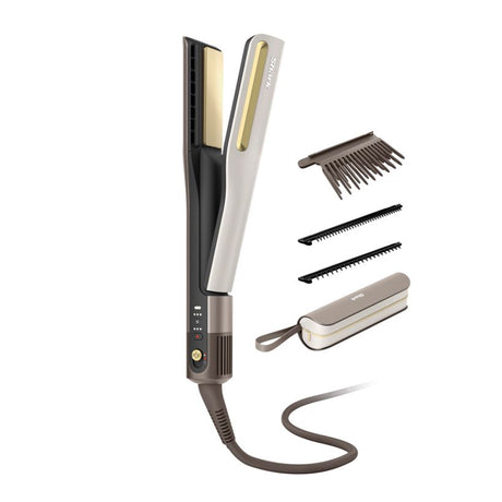 Shark SilkiPro Hair Straightener in mocha silver with interchangeable plates, comb attachments, and carrying case displayed on white background