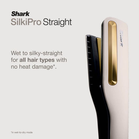 Shark SilkiPro Straight hair straightener in cream and gold with black handle, featuring wet-to-dry straightening technology for all hair types with no heat damage