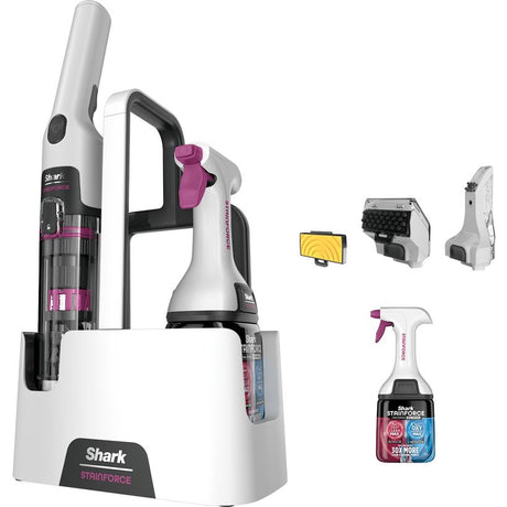 Shark StainForce cordless spot cleaner in white and black with purple accents, shown with handheld unit, cleaning solution bottle, and interchangeable brush attachments on white background