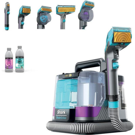 Shark StainStriker HairPro Pet Carpet Cleaner with turquoise and purple design, showing main unit with water tanks, hose attachment, cleaning head with yellow circular brush, and accessories including solution bottles and interchangeable brush heads