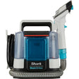 Shark StainStriker portable pet stain and spot cleaner with white and black body, blue water tanks, turquoise spray trigger handle, coiled black hose and carry handle on white background