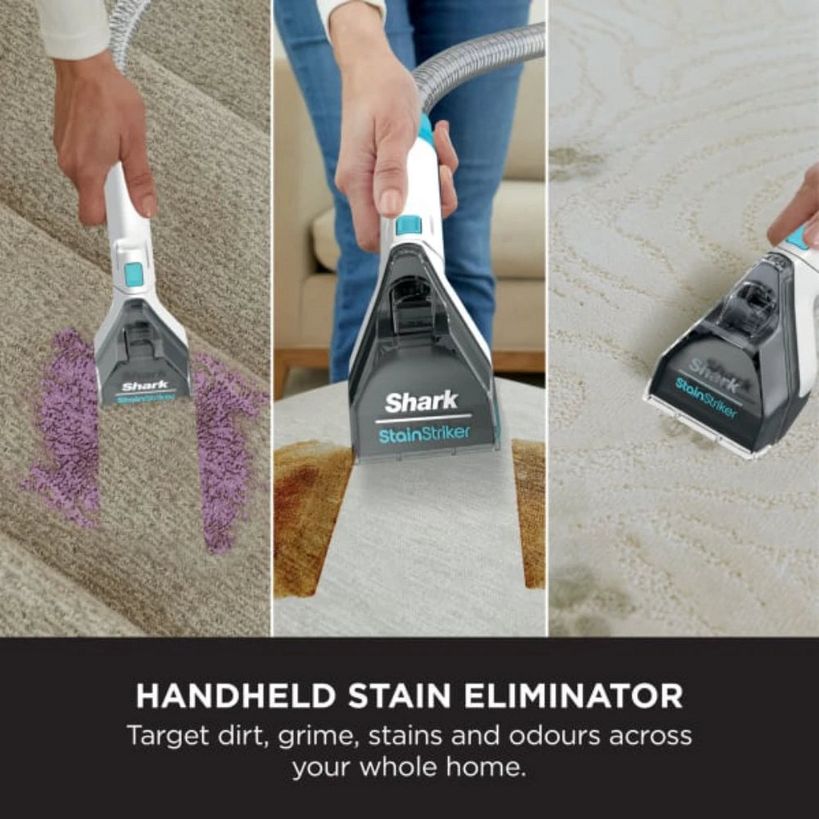 Shark StainStriker handheld stain eliminator being used on purple stain on gray carpet, brown stain on beige carpet, and light stain on cream carpet, demonstrating dirt grime and stain removal across home surfaces