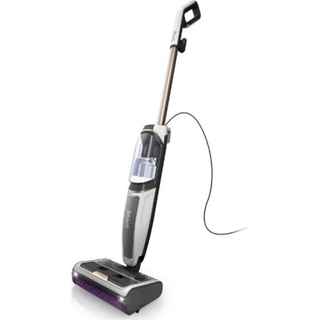 Shark SteamPickUp SD200UK hard floor vacuum and steam cleaner with white and grey body, purple brush head, telescopic handle with black grip, and attached hose against white background