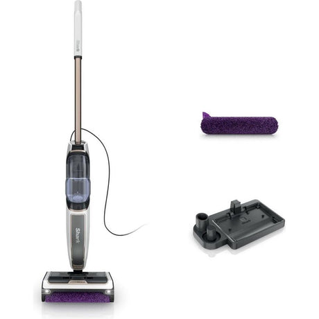 Shark SteamPickUp SD200UK hard floor vacuum and steam cleaner in black and silver with white handle, featuring purple microfiber pads and black attachment accessories shown against white background
