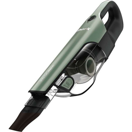 Shark UltraCylone Pro cordless handheld vacuum in teal and black with ergonomic handle, dust cup and motorized brush attachment visible from side angle