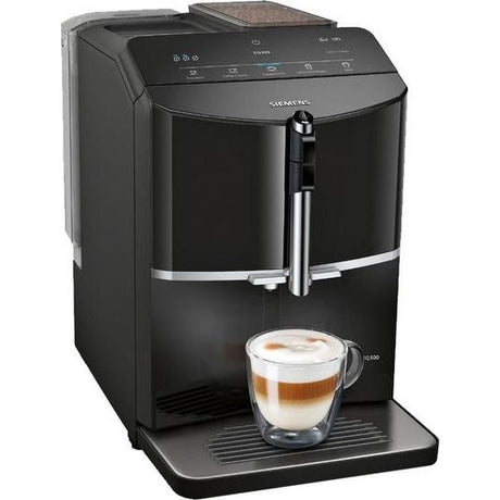 Siemens EQ300 fully automatic bean to cup coffee machine in black with chrome accents, featuring a removable bean hopper on top, digital display panel, stainless steel dispensing arm, and a cup of cappuccino on the drip tray below