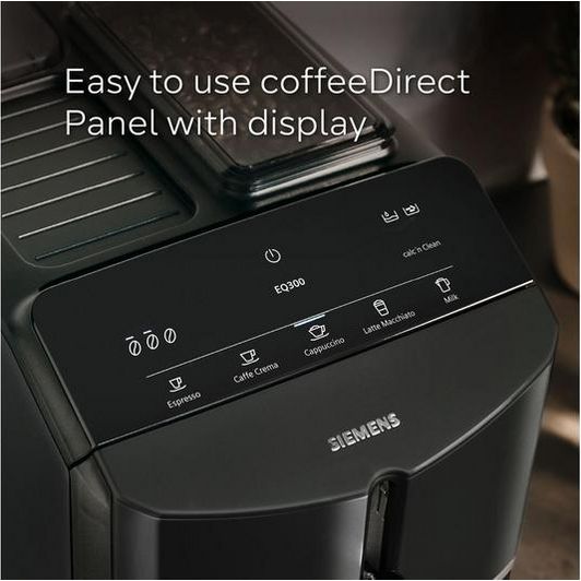 Siemens EQ300 black fully automatic bean to cup coffee machine with easy-to-use direct panel display showing multiple beverage options including espresso, cappuccino, and cafe crema
