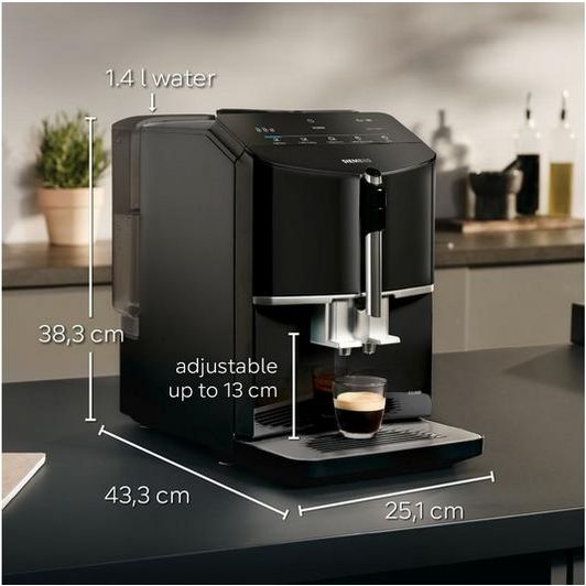 Siemens EQ300 black fully automatic bean to cup coffee machine with dimensions shown, featuring 14l water tank, adjustable spout up to 13cm, displayed on kitchen countertop dispensing espresso into glass cup