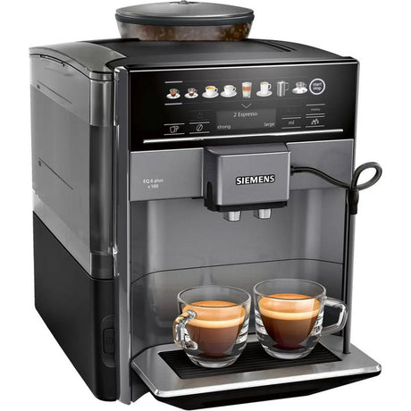 Siemens EQ6 plus black bean to cup coffee machine with dual espresso cups, touch display panel with drink selection icons, and stainless steel accents