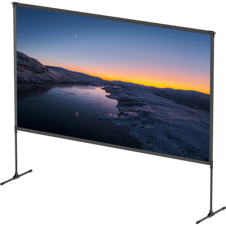 Soundcore Nebula P1 portable projector screen with stand displaying a scenic sunset mountain landscape image, featuring a dark aluminum frame and black metal legs on white background