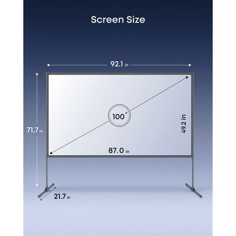 Technical diagram of a 100-inch projector screen showing dimensions of 92.1 inches width, 71.7 inches height, 49.2 inches depth, 87.0 inches viewing area width, and 21.7 inches stand width, displayed against a dark blue background with measurement lines and annotations