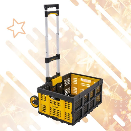 Stanley folding hand truck trolley with yellow and black plastic basket, telescopic aluminum handle, and yellow wheels on white background