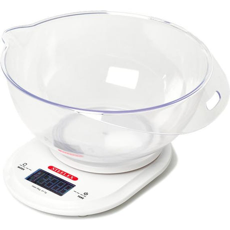 Steelex white digital kitchen scales with clear plastic bowl, digital display panel, and add and weigh function