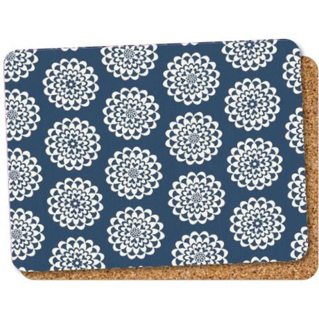 Steelex set of 6 blue retro placemats with white circular mandala pattern and cork backing