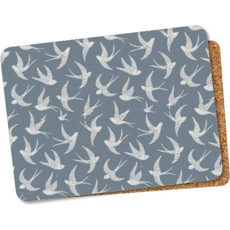 Steelex Placemats Set of 6 featuring blue background with white swallow bird pattern and cork backing detail