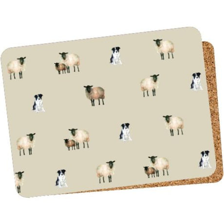 Steelex placemat set of 6 featuring collie dogs and sheep pattern on cream background with cork backing detail