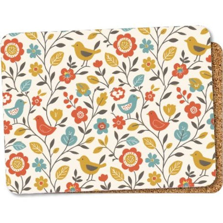 Steelex set of 6 vibrant garden placemats featuring a colorful floral and bird pattern with red flowers, yellow birds, blue leaves and gold accents on cream background with cork backing