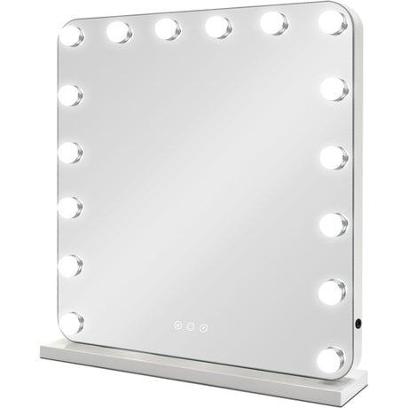 White Hollywood vanity mirror with 18 illuminated LED bulbs arranged around the frame, mounted on a white stand base with touch controls, 58cm size