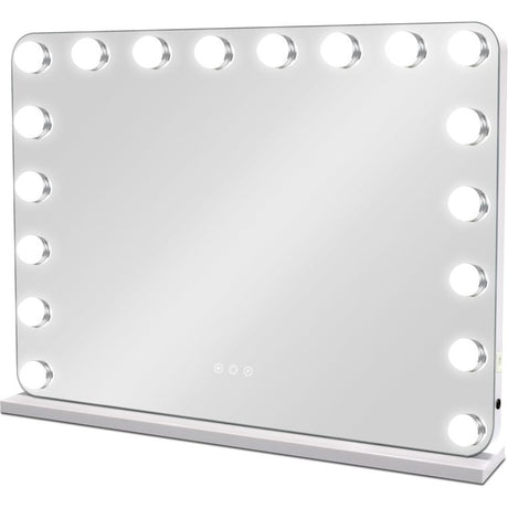 White Hollywood vanity mirror with LED bulbs, 62cm wide, featuring Bluetooth connectivity and touch controls, displayed at an angle showing the illuminated bulb frame and silver base stand