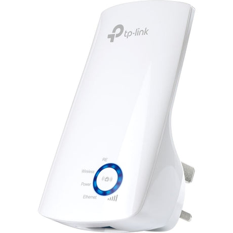 White TP-Link Wi-Fi range extender with curved rectangular design, blue illuminated power button, and fold-out ethernet ports on sides, showing wireless, power, and ethernet indicator lights