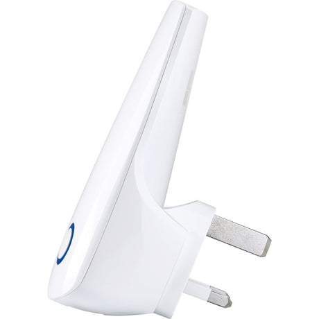 TP-Link TL-WA850RE white Wi-Fi range extender with dual antennas and blue power indicator, shown at an angle with UK plug prongs extended