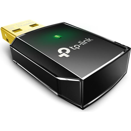 TP-Link Archer T2U black wireless USB adapter with gold connector displayed at an angle showing the device body and TP-Link logo on dark background