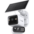 TP-Link Tapo solar powered dual lens pan tilt security camera kit showing white camera unit with black lens, dual camera control module, and black solar panel mounted on white bracket against white background