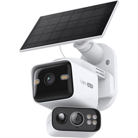 TP-Link Tapo solar powered dual lens pan tilt security camera kit showing white camera unit with black lens, dual camera control module, and black solar panel mounted on white bracket against white background