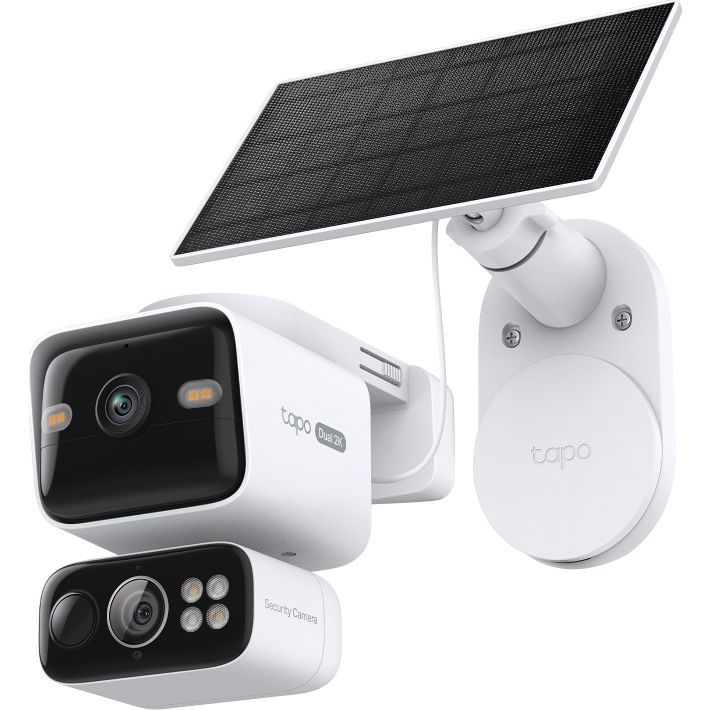 TP-Link Tapo solar-powered security camera kit showing white and black dual-lens pan/tilt camera units with solar panel and mounting bracket against white background