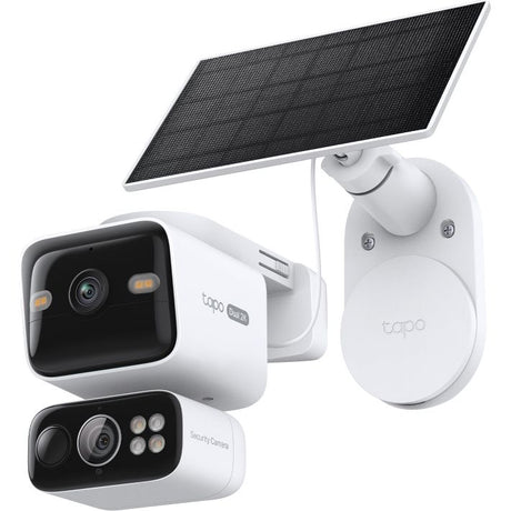 TP-Link Tapo solar-powered security camera kit showing white and black dual-lens pan/tilt camera units with solar panel and mounting bracket against white background