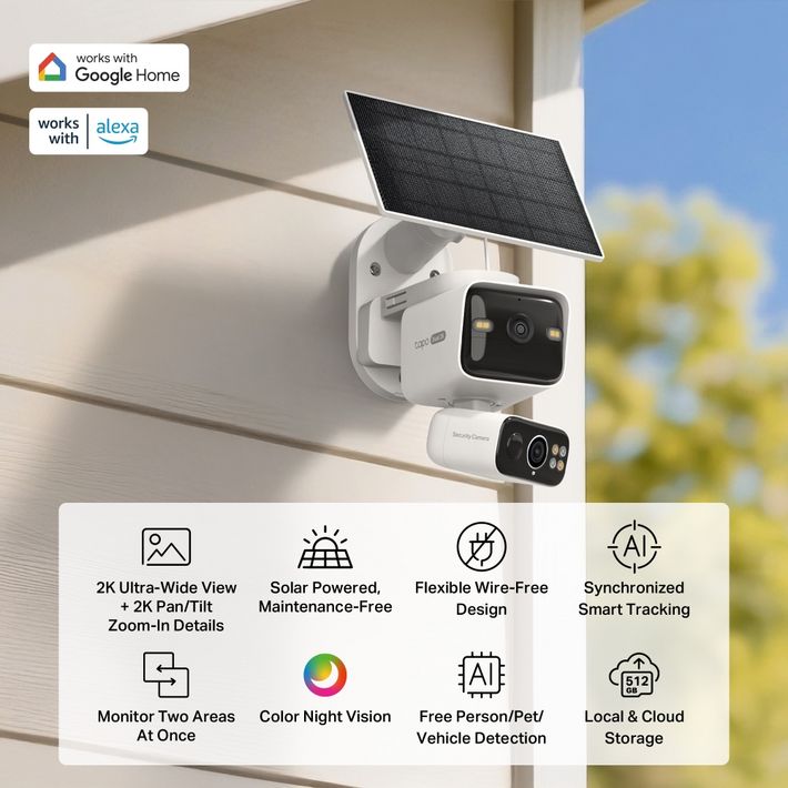 TP-Link Tapo Solar Powered Dual Lens Pan/Tilt Security Camera Kit mounted on white exterior wall with solar panel, featuring 2K ultra-wide view, color night vision, and AI tracking capabilities, compatible with Google Home and Alexa