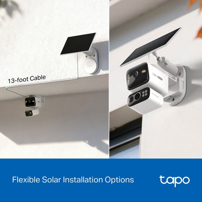TP-Link Tapo solar-powered dual lens security camera mounted on white exterior wall showing flexible installation options with 13-foot cable and detachable black solar panel
