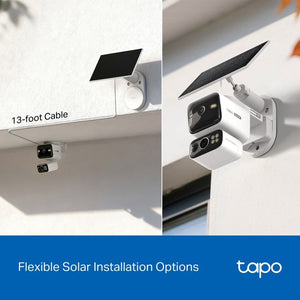 TP-Link Tapo solar-powered dual lens security camera mounted on white exterior wall showing flexible installation options with 13-foot cable and detachable black solar panel