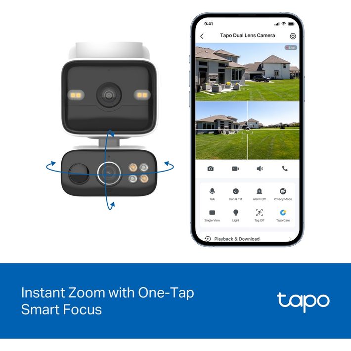 TP-Link Tapo dual lens pan-tilt security camera with white solar panel on top and black base unit showing rotation arrows, displayed alongside smartphone interface showing dual camera feeds of residential property with lawn and house, featuring control buttons for talk, pan-tilt, alarm, privacy mode, single view, night, tag card and tapo care functions