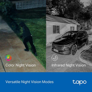 Comparison image showing two night vision modes for TP-Link Tapo security camera: Color Night Vision displaying a person in colorful thermal tones on a residential driveway, and Infrared Night Vision showing a black SUV parked outside a white house in grayscale detail