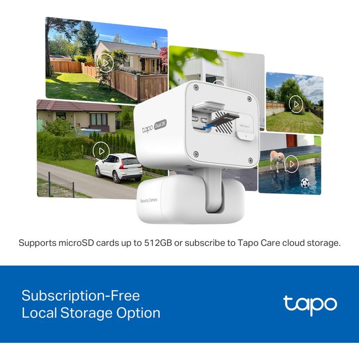 TP-Link Tapo C420S2 solar-powered dual-lens pan-tilt security camera with white body displayed centrally, surrounded by example footage images showing residential properties, driveways, gardens and pool areas, with text highlighting microSD card support up to 512GB and Tapo Care cloud storage options on blue banner below
