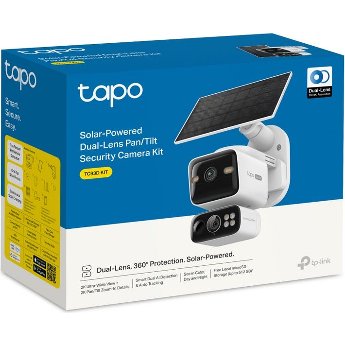 TP-Link Tapo TC93D solar-powered dual-lens security camera kit box featuring white pan/tilt camera with black lens, solar panel on top, and product details on blue and yellow packaging
