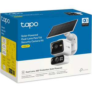 TP-Link Tapo TC93D solar-powered dual-lens security camera kit box featuring white pan/tilt camera with black lens, solar panel on top, and product details on blue and yellow packaging