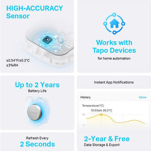 TP-Link Tapo T310 Smart Temperature and Humidity Sensor product features infographic showing high-accuracy sensor specifications, white and blue device design, battery life up to 2 years, 2-second refresh rate, Tapo app integration for home automation, temperature history graph, and 2-year free data storage capabilities